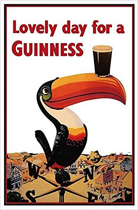 Estilos de cerveja irlandeses: antiga peça publicitária de um tucano com uma cerveja na ponta do bico da Guinness, a mais famosa cerveja irlandesa do mundo
